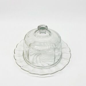 VINTAGE Depression Glass Clear Swirl Cheese Dome and Scalloped Plate MCM 1940’s